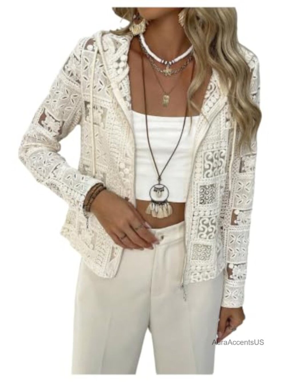 Women's Lace Crochet Cardigan Jacket Sheer Lightweight Zip Up